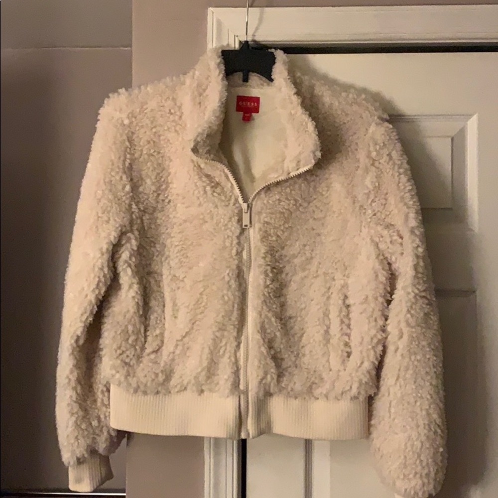 Cream Guess Teddy Bomber Jacket Large New